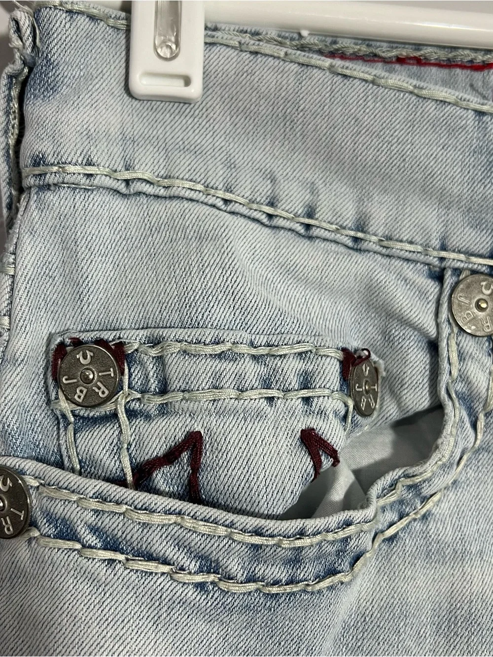 True Religion Ricky Relaxed Straight No Flap Light Blue Red Jeans Mens Size 30